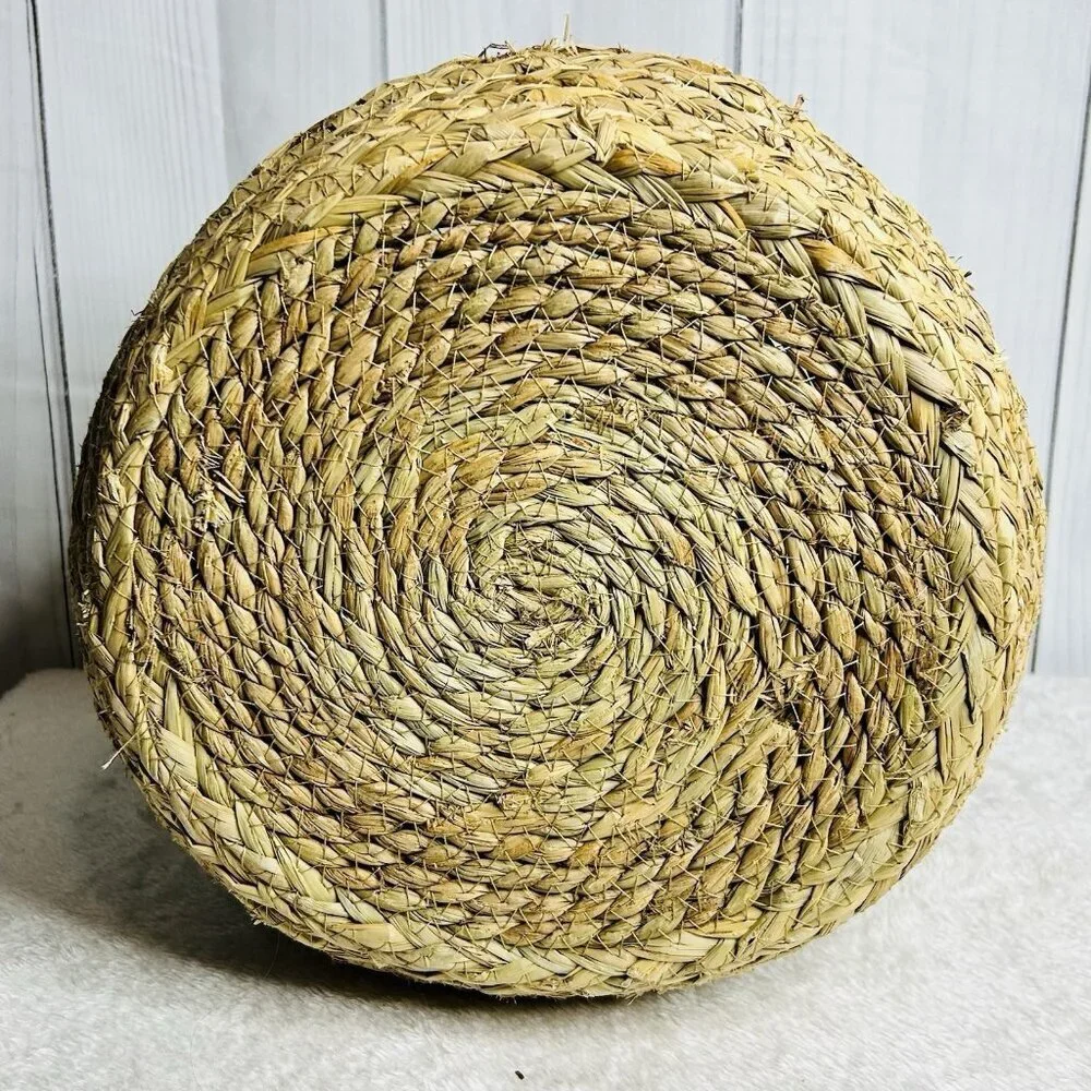 Woven Grass Wicker Round Basket with Leather Trim and Handles 12